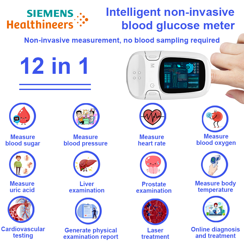 【12 en 1】Medidor de glucosa en sangre inteligente y no invasivo (Medición de glucosa en sangre no invasiva + medición de presión arterial + medición de ácido úrico + medición de temperatura corporal + generación de informes de examen físico + diagnóstico y tratamiento en línea + prueba de glucosa en sangre). Prueba de función hepática + prueba cardiovascular + medición de frecuencia cardíaca + tratamiento con láser + examen de próstata + medición de oxígeno en sangre)