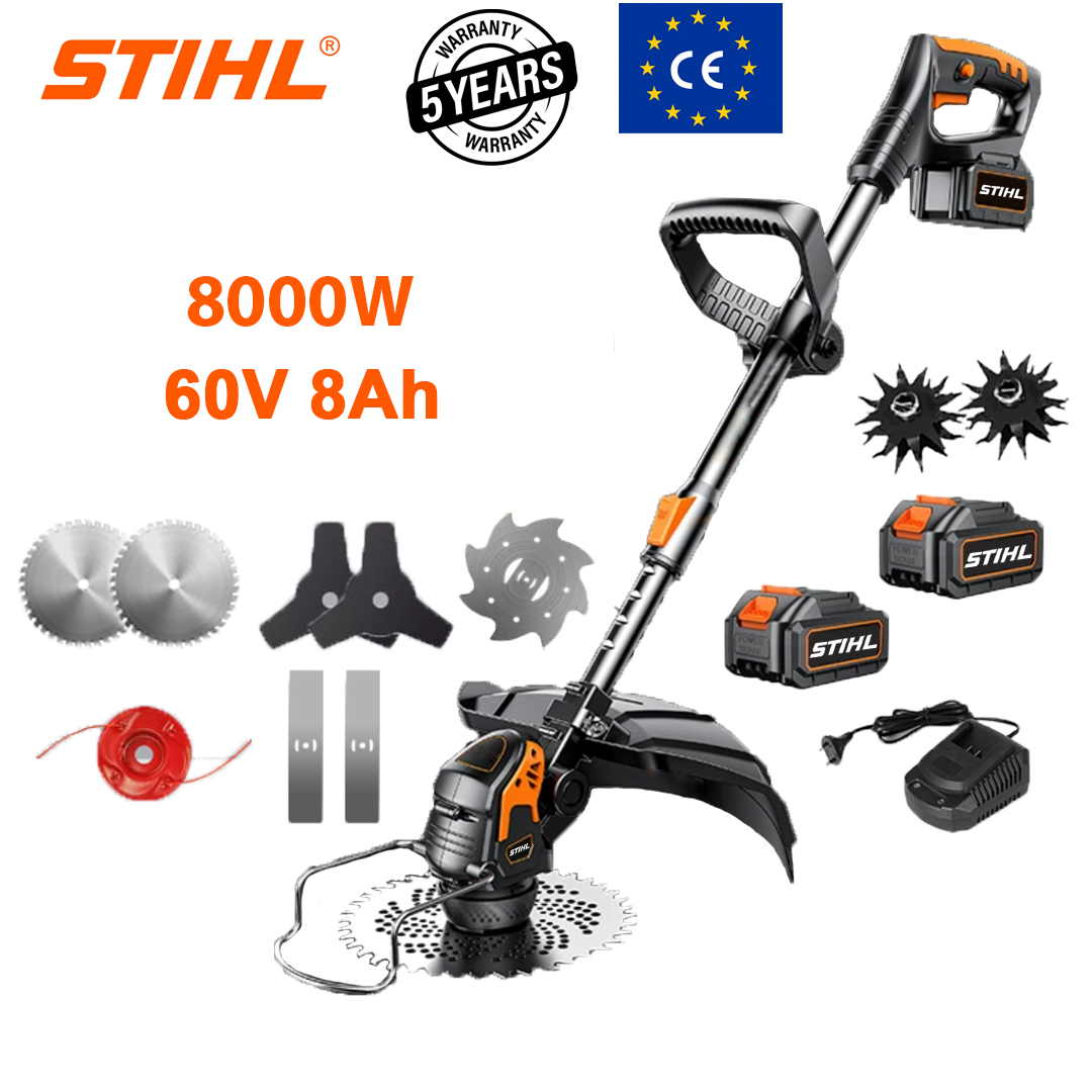 Versión básica: 8000 W (batería de litio de 60 V 8 Ah * 2 + cuchilla de aleación * 2 + cuchilla triangular * 2 + cuchilla recta * 2 + cuerda de corte de aleación * 1 + cuchilla antienredos * 1 + cabezal de arado * 2 + cargador rápido * 1)